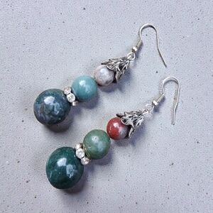 Handcrafted Green and Teal Beaded Drop Earrings with Silver Accents